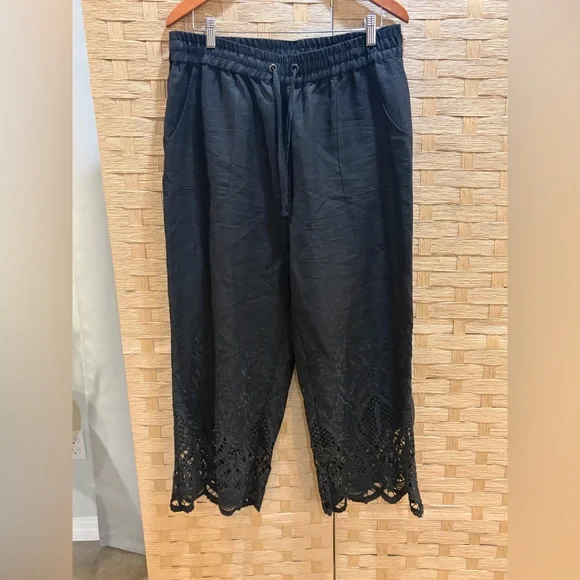 John Mark NWOT 100% Linen Black Wide Leg Lace Pants Cropped Size Large Pull On - Picture 2 of 4